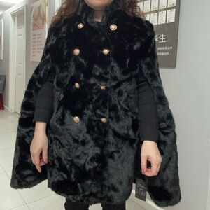Elegant Black Faux Fur Cape with Gold Accents
